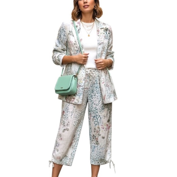 Animale pure linen ivory pink blue floral print 3 pieces jacket skirt pants S - Picture 3 of 17